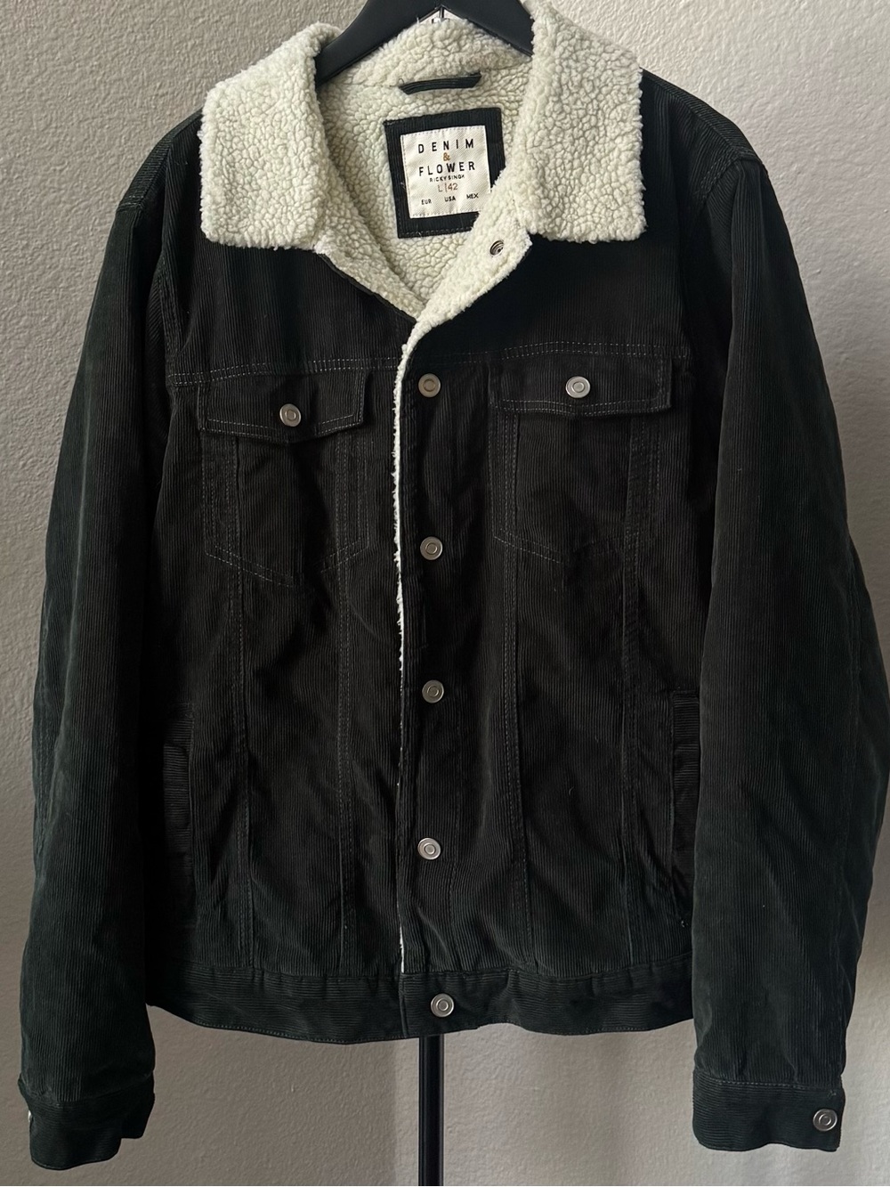 Denim & Flower Green Corduroy Bomber with Cream Sherpa Collar